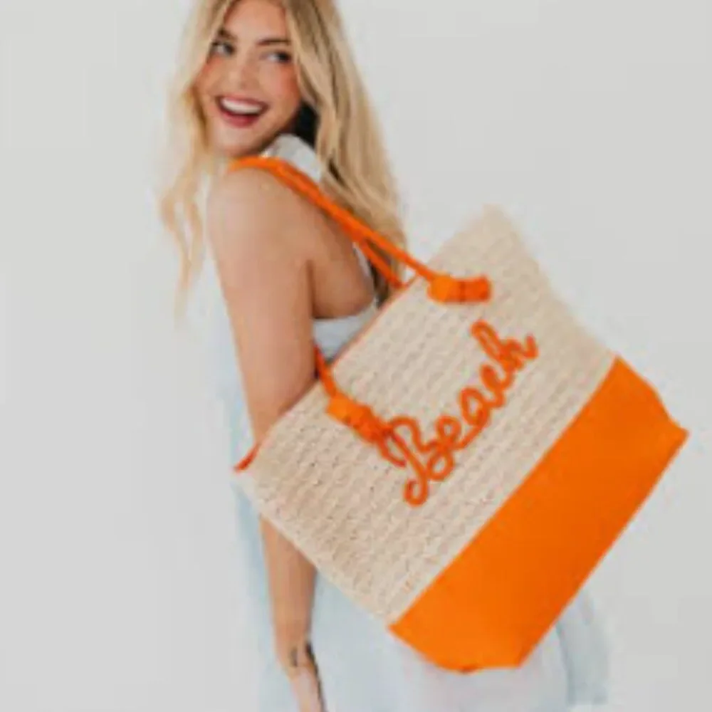 NWT‎ Orange Rope Straw Beach Tote Bag